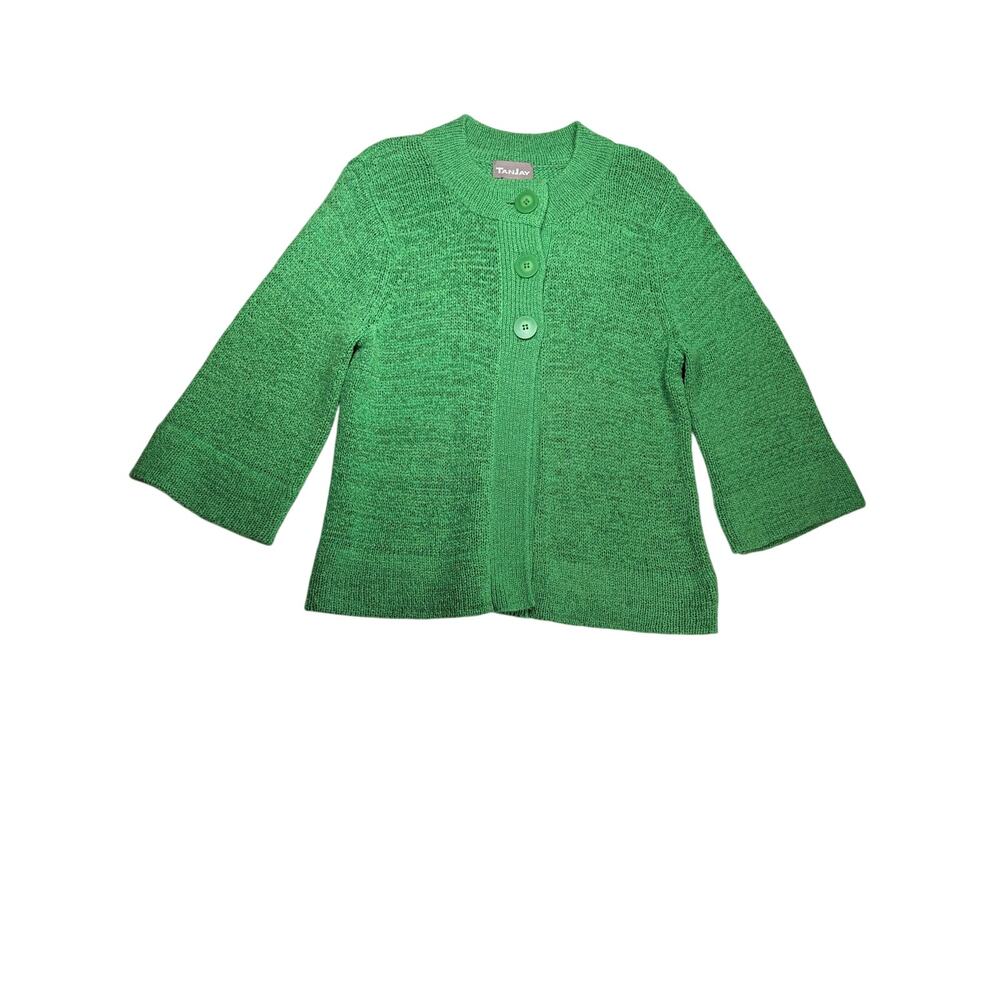 TanJay Cardigan Sweater Womens S Green Open Knit 3 Button 3/4 Sleeve Lightweight